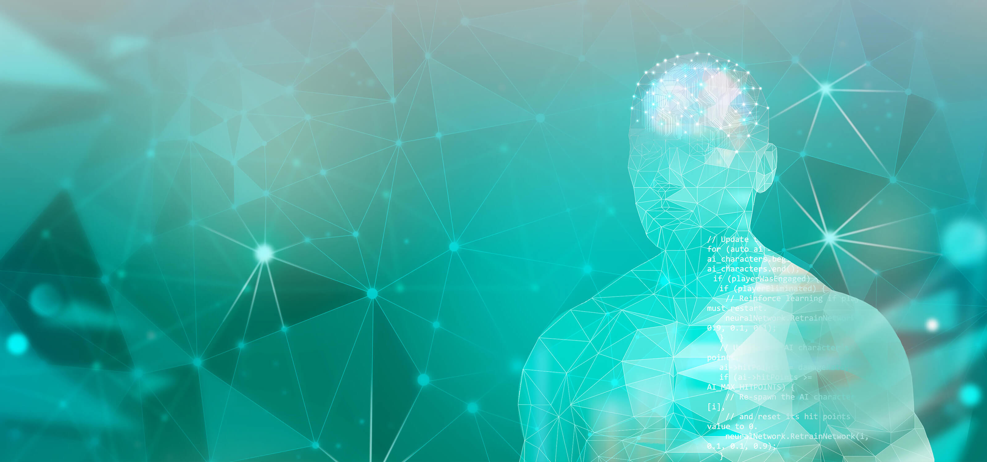 Artwork of a computer-generated human with computer code written on its side.