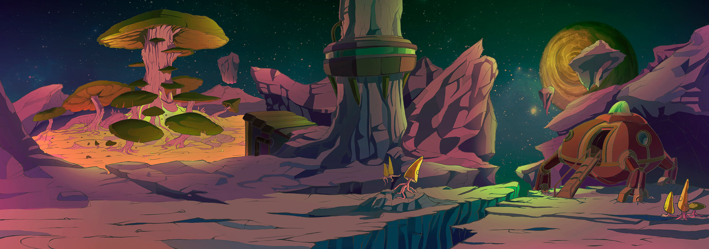 Rocky alien world with strange fungi and trees dotting the landscape. A red landing vehicle has lowered a ramp nearby.
