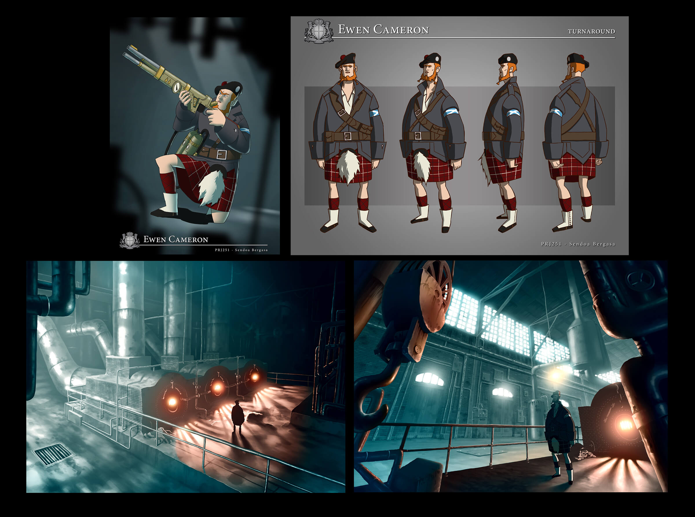 Color concept art of an orange-haired man in a warehouse wearing Scottish highlander garb and posing with steam gun.