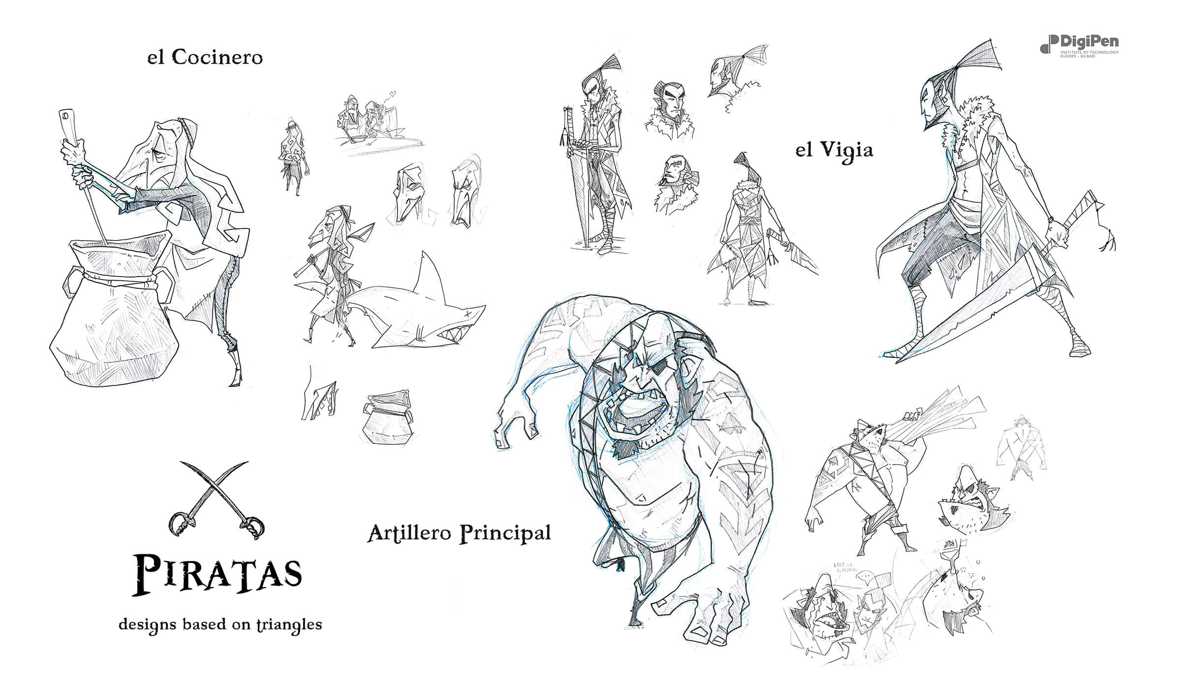 Black-and-white sketches of an old cook, a sword-wielding watchman, and a hulking pirate artilleryman.