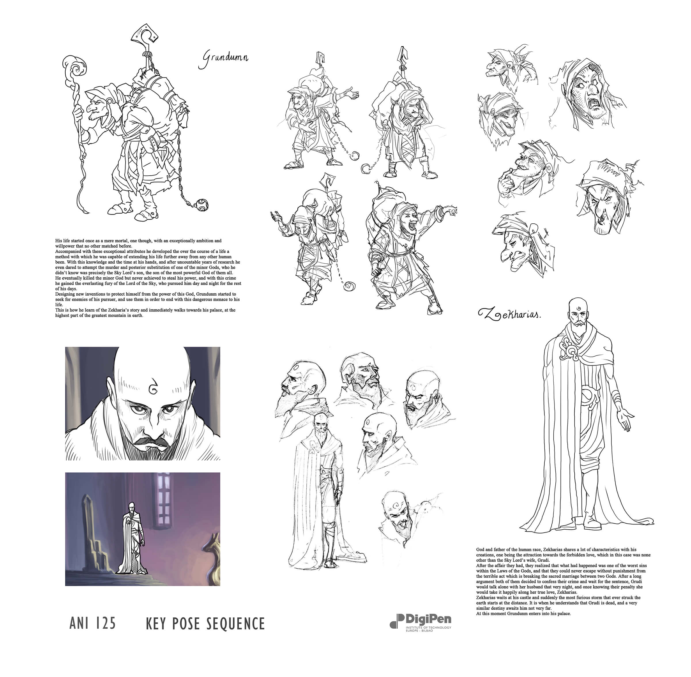 Black-and-white sketches of a hunched over goblin with a large rucksack and a tall, bald robed man with a beard.